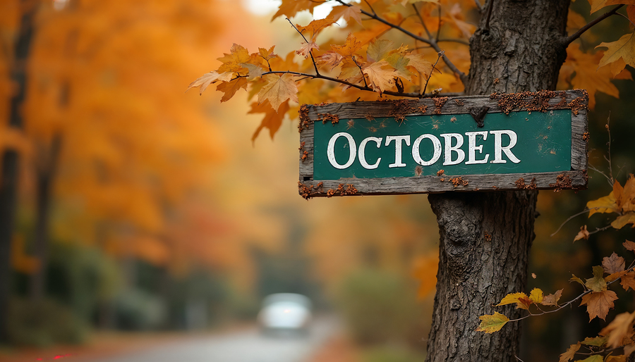 Green wooden sign reading October hanging on a tree trunk surrounded by orange autumn leaves.