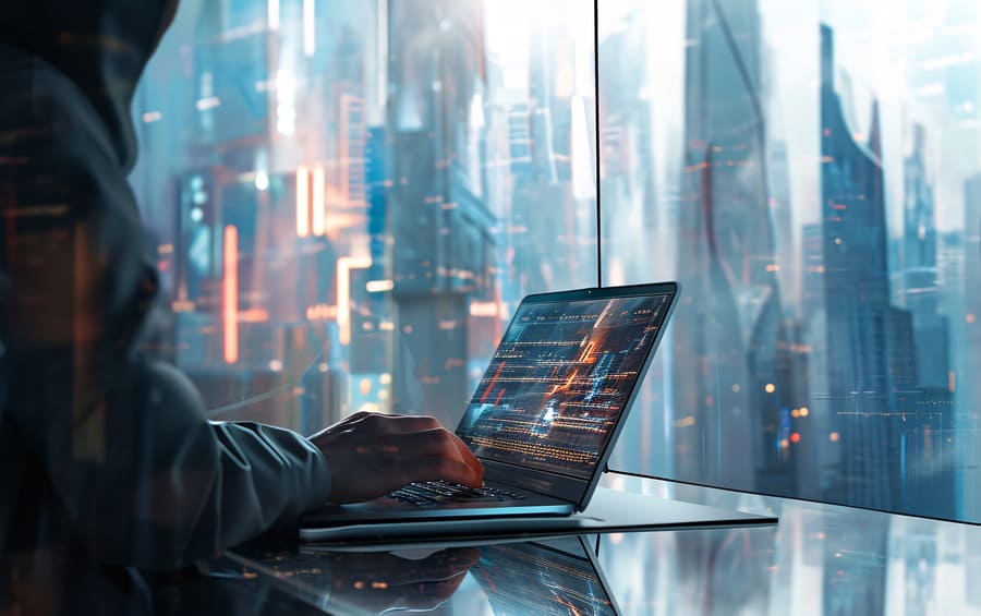 Person in a hoodie typing on a laptop showing glowing market charts beside a window overlooking a futuristic city skyline