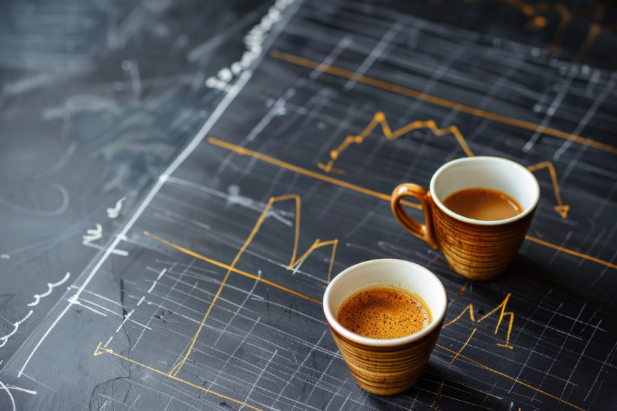 Two coffee cups, an espresso with crema and a milky coffee, sitting on a dark chalkboard covered in hand-drawn gold and white line charts and grid lines, representing the Coffee & Charts market analysis series